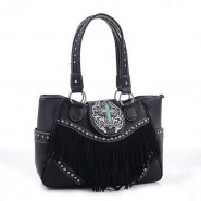 Cross Charm Western Style with Fringe Accent Tote Bag - Black - BG-MJ6802BK